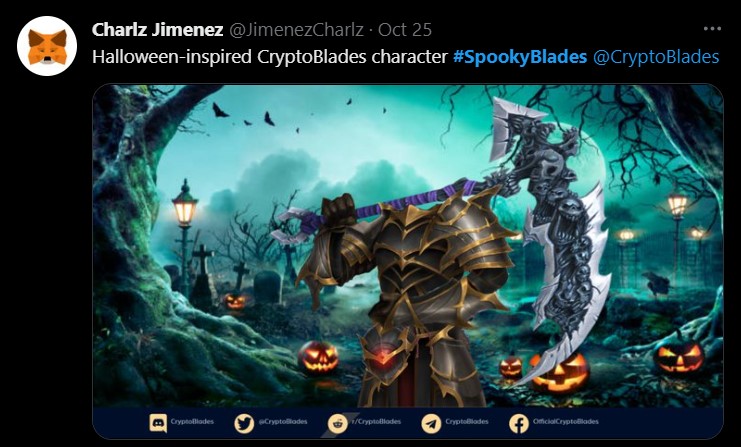 Entrada de muestra del concurso de arte de Halloween que muestra un fondo espeluznante y un personaje de CryptoBlades
