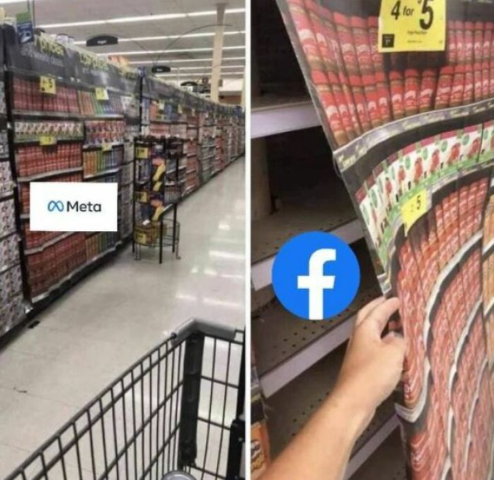 Imágenes falsas de comestibles que no ocultan nada detrás de ellas, al igual que Meta oculta Facebook detrás de su nombre.